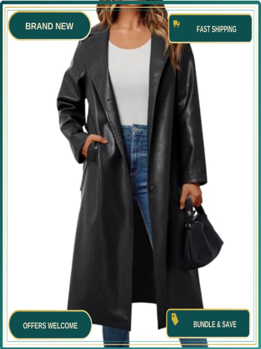 Womens Faux Leather Trench Coat Knee Length Belted Long Sleeve